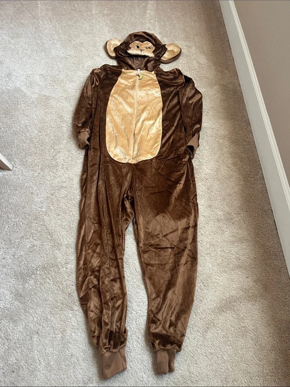 Spirit Halloween Adult Monkey Jumpsuit Hooded Plush Costume Size XS/SM